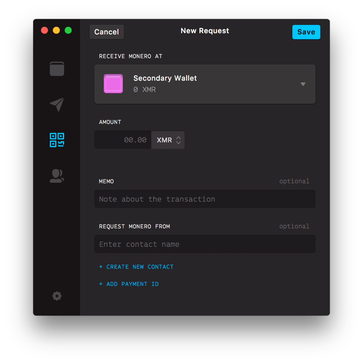 MyMonero New Request screen